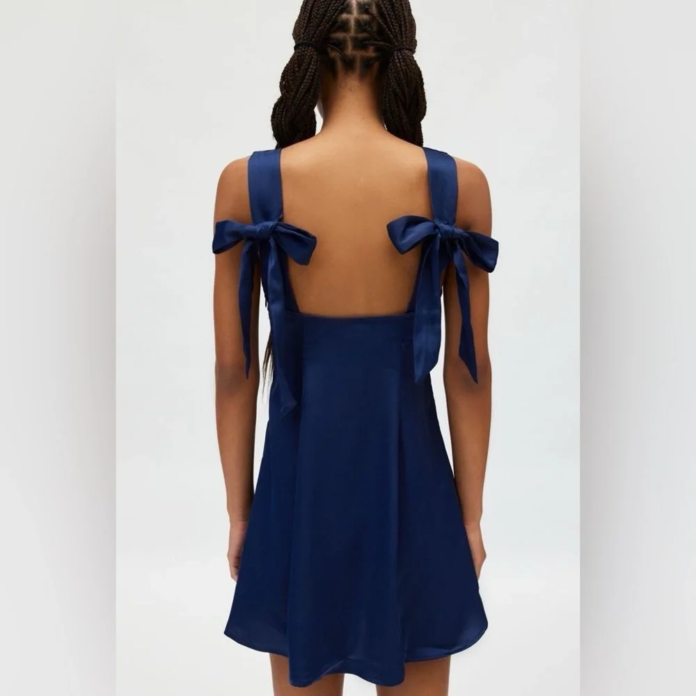 Urban Outfitters Bri Double Bow Satin Mini Dress in Blue - Picture 5 of 15